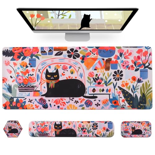 Petmolico 4-in-1 Wrist Rest Set with Desk Pad, Cat and Flowers | Non-slip PU base, soft Lycra & memory foam, ergonomic pain relief, great for home/office - color: Rose