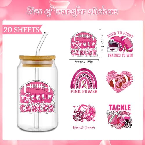 Rngmsi Football UV DTF Stickers - 20 Pcs Beast Cancer Awareness UV DTF Cup Wraps for 16 oz Pink Ribbon Bow UVDTF Transfer Decals for Glasses Cups Mug DIY Crafts - style: Football Beast Cancer Awareness