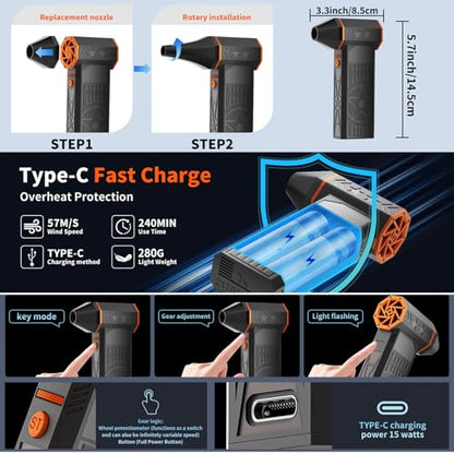 170000RPM Electric Air Duster Rechargeable Cordless Cleaner for Gaming Setup Keyboard PC Console Repair Tool with Multi Nozzles Compressed Air Alternative