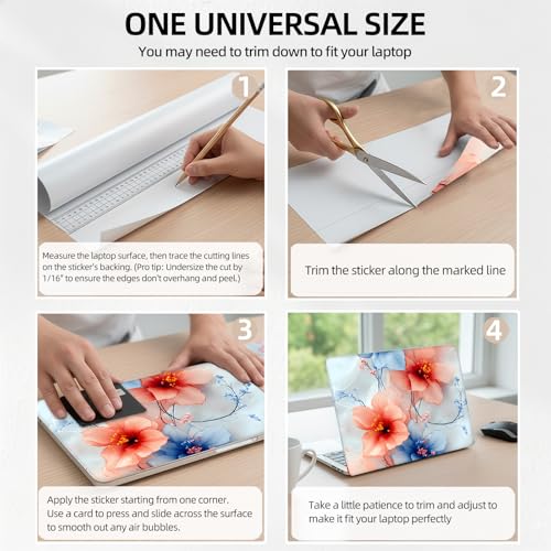 Elegant Blue and Pink Hibiscus Floral Universal Laptop Skin Sticker 3PCS,Protective Decal Trim-to-Fit 11.6" 13.3" 14" 15.6" Laptop Vinyl Cover,Removable Anti-Scratch Computer Decal Protector - color: Elegant Blue and Pink Hibiscus Floral
