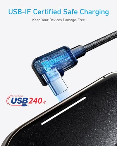 Anker USB C to USB C Right-Angle Cable, 240W (2-Pack, 6 ft, Black) | 90-Degree Braided USB C Charging Cord for iPhone 17 Series and More - size: 6ft