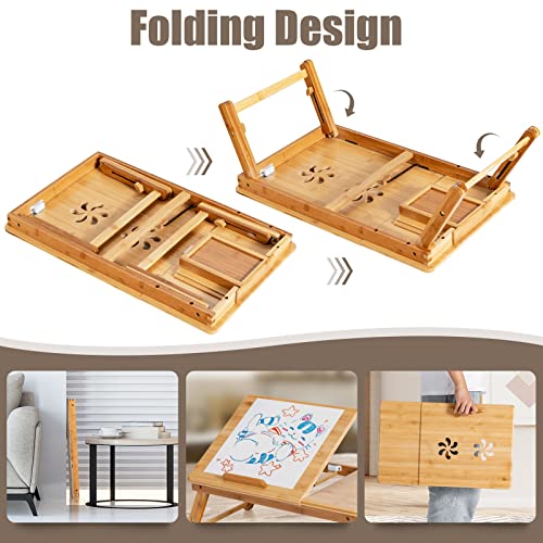 ReunionG Bamboo Laptop Desk with Drawer, Height Adjustable and 4-Level Tilting Desktop, Foldable and Portable Lap Tray with Heat-Dissipation Holes, Tray Table Stand for Surfing Reading Writing Eating