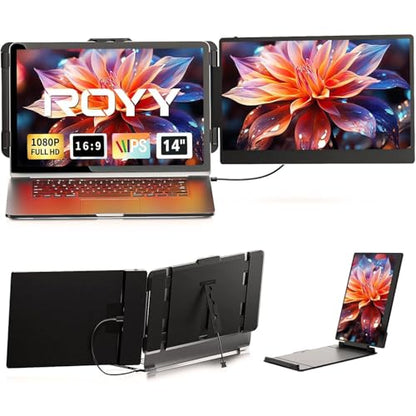 ROYY Laptop Screen Extender, 14" Portable Laptop Monitor FHD 1080P IPS, 180° Rotation Dual Screen, One Cable Plug & Play, Extra Compatible with Windows/Mac/Android/Switch/PS Fits 13"-17" Laptops - size: 14" Screen Extender