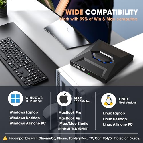 ROOFULL External CD DVD Drive with USB 3.0/Type-C Hub, SD Reader & Case | 7 in 1 Portable CD/DVD ROM +/-RW Drive Burner Player Writer for Laptop Desktop PC Windows 11/10/7, Mac, Linux - style: 7 In 1 Drive + Carrying Case
