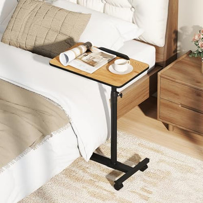 GIANTEX Overbed Table with Wheel, Medical Adjustable Bedside Table Natural | Mobile Standing Desk, Portable Laptop Table for Small Spaces, Bed Trays Table for Eating Home and Hospital - color: Natural