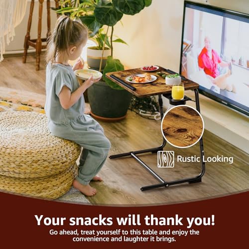 Folding TV Tray Adjustable Dinner - Trays for Eating On Couch Wooden Tables Mate Stand Foldable Desk with Cup Holder Portable - color: Rustic