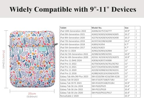 TiMOVO 9-11" Tablet Sleeve Bag Carrying Case with Strap, Flowers | Fits iPad A16 11", Pad Air 11/5th & 4th 10.9", 10th Gen/10.2", Galaxy Tab A11 Plus, Multi-Pocket, Handle, Padded Protection - color: Flowers, size: 9-11