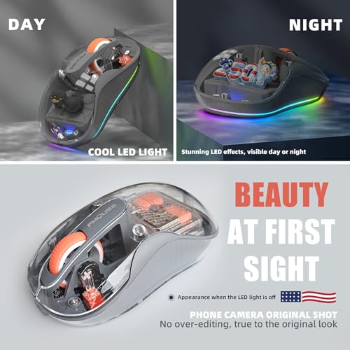 FMOUSE Transparent Wireless Mouse, 2 Cute 2026 Figurines, Tri-Mode, Grey | Rechargeable | USB-A & USB-C Receivers for Mac, iPad, Laptop | 2.4G & Dual Bluetooth | Silent Clicks | RGB | Portable - color: Gray