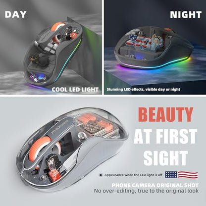 FMOUSE Transparent Wireless Mouse, 2 Cute 2026 Figurines, Tri-Mode, Grey | Rechargeable | USB-A & USB-C Receivers for Mac, iPad, Laptop | 2.4G & Dual Bluetooth | Silent Clicks | RGB | Portable - color: Gray