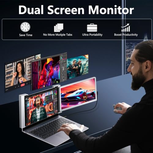 Ladomi Laptop Screen Extender, 14" Laptop Monitor Extender | IPS FHD 1080P, Dual Portable Monitor for 13.5" -16.5" Laptops, No Driver Needed, Plug & Play for Wins, Mac, Android - size: 14-inch