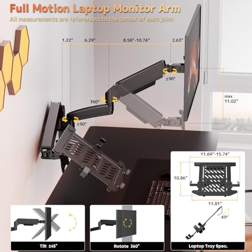 PUTORSEN Monitor and Laptop Wall-Mount - Full Motion 2-in-1 Monitor Arm Fits Max 32" Screen and 18" Laptop, Holds up to19.8lbs, Detachable Laptop Tray with Adjustable Slide Clamp, VESA 75x75/100x100