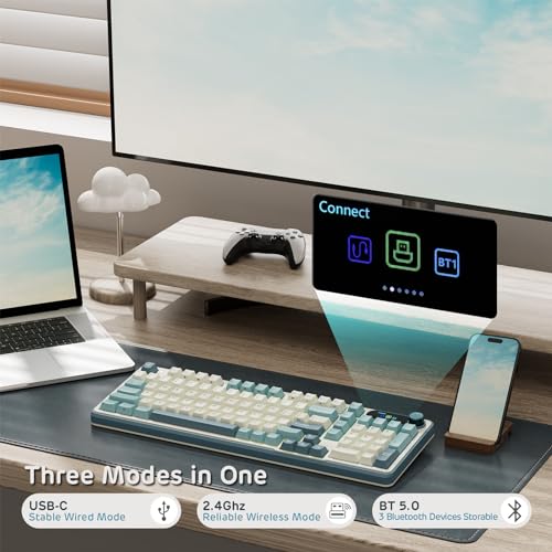 RK ROYAL KLUDGE S98 Mechanical Keyboard w/Smart Display & Knob, 96% RGB Wireless Gaming Keyboard BT/2.4G/USB-C, Hot Swappable Custom Keyboards, Software Support, Silent Computer Gaming Keyboard - color: Sky Blue, size: Linear Silent Switch