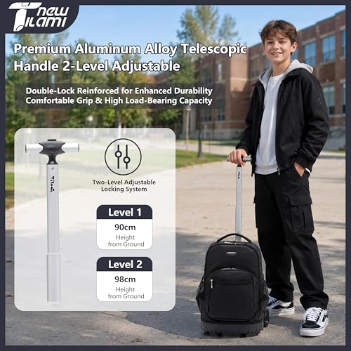 NEW TILAMI 18 Inch Rolling Backpack with Lunch Bag for Girls Boys School | 6-Wheel Stair-Climbing Girls Boys Carry-on Suitcase Water-Resistant Adjustable Trolley Handle Wheels School Travel Camping - color: Black