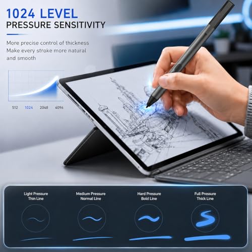 Pen for Surface Pro 11/10/9/8/X, Surface Laptop/Book/Go/Studio, Kobo | Palm Rejection, 1024 Pressure, 2500H Battery Life Active Stylus Pencil for Student Note-Taking & Artist Business Drawing - color: Black