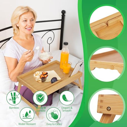Artmeer Bamboo Bed Tray, Folding Legs, Phone/Tablet Slot, Medium, Bamboo | FSC-certified bamboo bed tray with phone/tablet slot, folding legs, handles and raised edges for meals, laptops and reading. - color: Bamboo, size: Medium