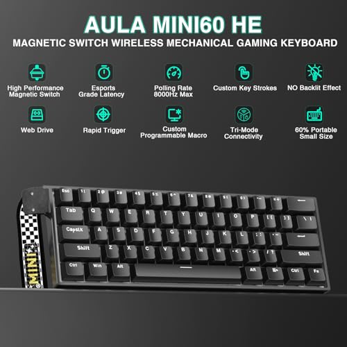 Aula MINI60 HE Wireless Gaming Keyboard 60%,Hall Effect Rapid Trigger Magnetic Keyboard,8000Hz Polling,Tri-Mode(BT5.0/2.4GHz/USB-C),Hot Swappable Compact Mechanical Keyboard for Gamer(Black) - color: Black