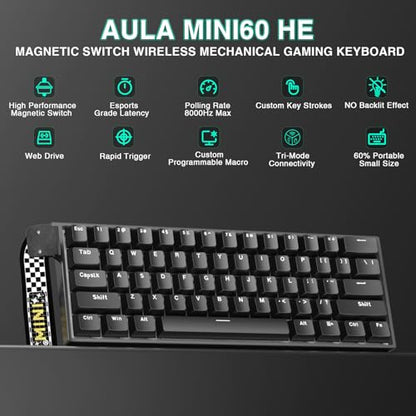 Aula MINI60 HE Wireless Gaming Keyboard 60%,Hall Effect Rapid Trigger Magnetic Keyboard,8000Hz Polling,Tri-Mode(BT5.0/2.4GHz/USB-C),Hot Swappable Compact Mechanical Keyboard for Gamer(Black) - color: Black