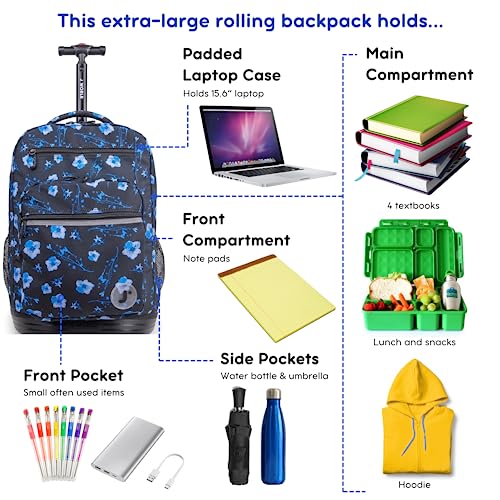 J World New York Sundance Rolling Backpack Girl Boy Roller Bookbag, Night Bloom, 20 X 13 X 9 (H X W X D), RBS-19 NIGHT BLOOM - color: Night Bloom