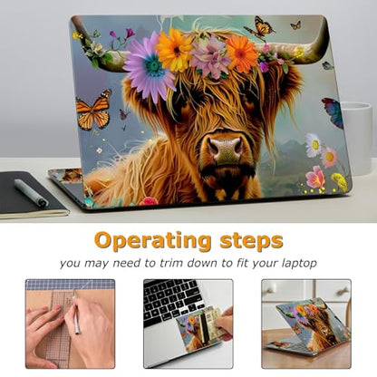 Universal Laptop Skin Sticker with 2 Wrist Pad Decals, 3-Piece Removable Vinyl Laptop Cover, Daisy Highland Cattle Waterproof Anti-Scratch, Easy-Trim Fit for 13.3" 14" 15.6" Laptops - color: Daisy Highland Cattle