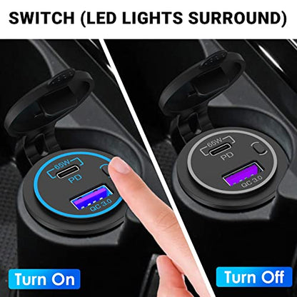 83W 12V USB Outlet Laptop Charger: 2 Pack 65W USB-C PD3.0 and 18W QC3.0 Multi Car Port 12V Socket Waterproof with Power Switch for Car Boat Marine Bus Truck Golf Cart RV Moto, etc.