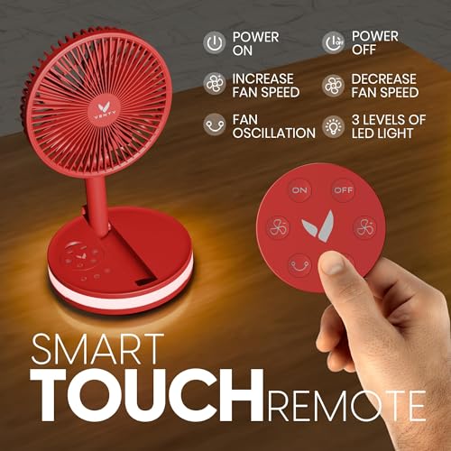VENTY Portable Fan - Wireless Battery Operated Fan - 4 Speeds - LED Lighting - Carry Case & Remote Control - Cruise Travel - Outdoor Travel RV Power Bank With USB-C Port (Red with Case) - color: Red