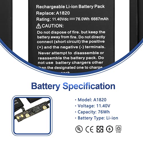 ANTIEE A1707 Battery Replacement, A1820 Battery for MacBook Pro 15" (Late 2016, Mid 2017) Touch Bar EMC 3072 EMC 3162 MLH32 MLH42 MLW72 MLW82 MPTR2 MPTT2 MLH52 MLW92 MPTU2 MPTV2 MPTW2 MPTX2 - size: 14*3.15*0.28inch A1820