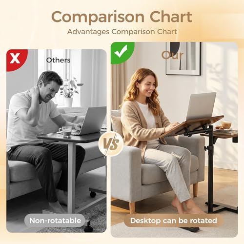 YUHFERA Rolling Table for Laptop Stand, Height and Angle Adjustable Over Bed Table with Wheels, Tilt-Top Laptop Desk for Couch with Cup Holder, Bed Table Tray for Eating (Brown) - color: Brown