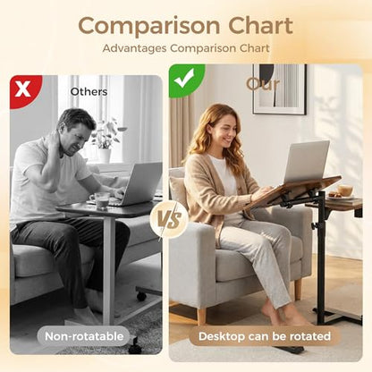 YUHFERA Rolling Table for Laptop Stand, Height and Angle Adjustable Over Bed Table with Wheels, Tilt-Top Laptop Desk for Couch with Cup Holder, Bed Table Tray for Eating (Brown) - color: Brown