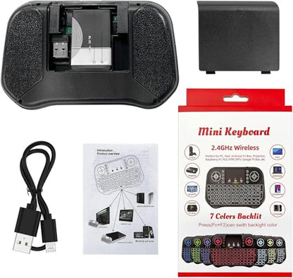 Mini Wireless Keyboard with Touchpad Mouse Combo, 7 Colors RGB Backlit, Portable 2.4 Ghz Mini Keyboard with Rechargable Li-ion Battery for Android Box, Smart TV, Pad, PC, HTPC, Tablet and Windows OS