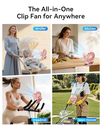 KIMMOO Portable Clip on Fan, 100-Speed Rechargeable USB Fan with LED Display, 360° Rotation & Strong Airflow Desk Fan, Up to 17 Hours Small Battery Fan for Outdoor Travel Camping Treadmill Car (Pink) - color: Pink