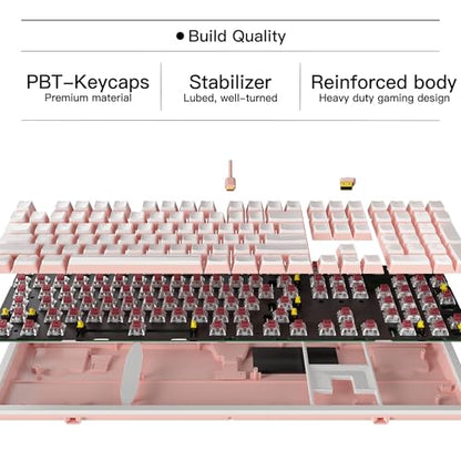 Hexgears X5 Wireless Mechanical Keyboard, Dual-Mode 2.4G/USB-C Ergonomic Full Size 108 Keys Keyboard, Kailh Box 3.0 Clicky Switch, N-Key Rollover, Backlit Gaming Keyboards with Wrist Rest (Pink) - color: Pink Jelly-X5, size: Clicky