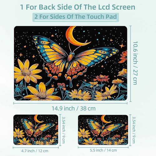 Universal Laptop Skin Decal, 3-Piece Vinyl Protector for 12 13 14 15.6" Notebook, Waterproof Anti-Scratch, Easy Trim & Bubble-Free Finish, Moonlit Butterfly Amongst Flowers - color: Moonlit Butterfly Amongst Flowers