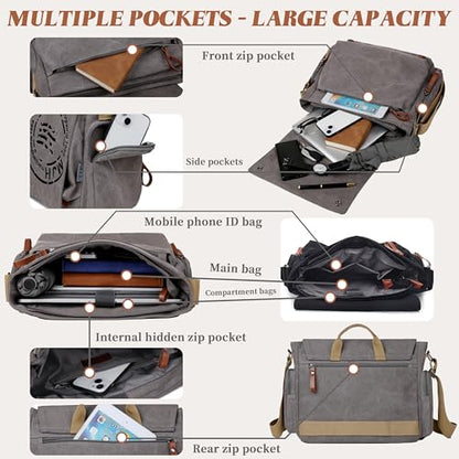FSD.WG Satchel Messenger Bag for Men Canvas,Travel Shoulder bag 13.5" Laptop Bags - color: Grey