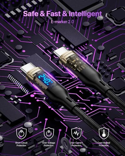 240W USB C to USB C Transparent Cable Compatible with 140W 100W Fast Charging Cable with LED Display for MacBook Pro,lPhone 16/15/15Pro/15ProMax,Galaxy S23+/S23 Ultra/S22,etc(4ft,Black) - size: 4Ft