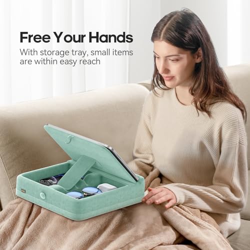KDD Tablet Pillow Stand with Storage, Foldable iPad Holder for Bed, Lap and Desk, Angle Adjustable Soft Pad Dock with Stylus Mount Compatible with iPad Pro 12.9, 11, Air, Mini, Phones, Books (Green) - color: Green