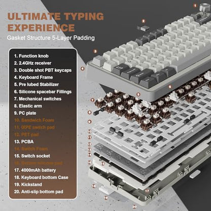 YUNZII B75 PRO Wireless Mechanical Gaming Keyboard | Custom 75% Layout with Knob,Gasket Mount,Hot Swap,Creamy Pre-lubed Switch,BT/USB-C/2.4G(Cocoa Cream V2 Switch,Grey) - color: Grey, size: Cocoa Cream V2 Switch