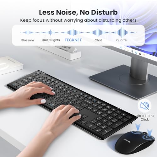 TECKNET 2.4G Rechargeable Ultra-Slim Wireless Keyboard and Mouse Combo | 2.4G Stable Connection, Full-Size Scissor Switch Keyboard with 12 Multimedia Keys, Silent Mouse, Ergonomic Design, Black - color: Black