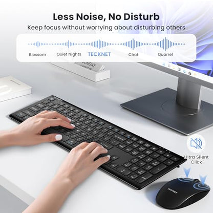 TECKNET 2.4G Rechargeable Ultra-Slim Wireless Keyboard and Mouse Combo | 2.4G Stable Connection, Full-Size Scissor Switch Keyboard with 12 Multimedia Keys, Silent Mouse, Ergonomic Design, Black - color: Black