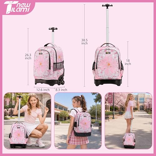 NEW TILAMI 18 Inch Rolling Backpack with Lunch Bag for Girls Boys School | 6-Wheel Stair-Climbing Girls Boys Carry-on Suitcase Water-Resistant Adjustable Trolley Handle Wheels School Travel Camping - color: Pink Flowers