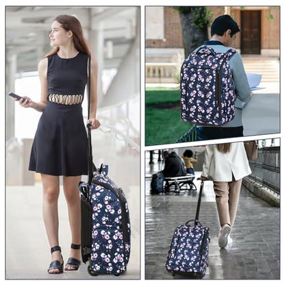 Rolling Backpack Waterproof Commuter Backpack with Wheels for Business, Laptop Compartment for 15.6-Inch Laptop, Wheeled Carry-On Bag for Adults - color: Blue flower