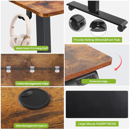 farexon Electric Standing Desk Adjustable Height, 71 x 28 Inch Sit Stand up Desk with Large Mouse Pad, Double Metal Hook,4 Wheels,4 Memory Preset Heights Home Office Computer Desk（Brown） - color: Brown, size: 71 x 28''