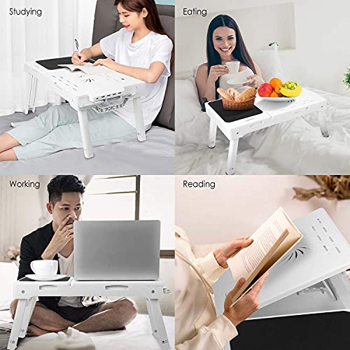 Laptop Table Bed Notebook Desk-Multi-Functional Laptop Bed Table Tray with Internal Cooling Fan, Laptop Desks with LED Light, 4 USB Ports, Storage, Mouse Pad (white)
