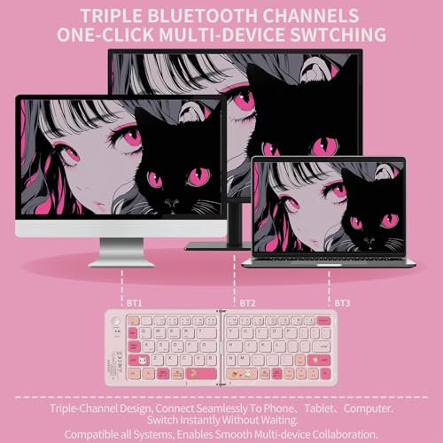 Foldable Bluetooth Keyboard with UV Printing Technology Rechargeable Keyboards,Compact Wireless Travel Keyboards for iPad, Smartphone, Tablet and Laptop - Z1 Pink Colorful - color: Z1 Pink Colorful