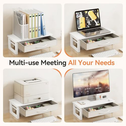 Desk Organizers and Accessories, Computer Monitor Stand Riser with Drawer, White Laptop Stand for Desk with Storage, Office Organization, Wood
