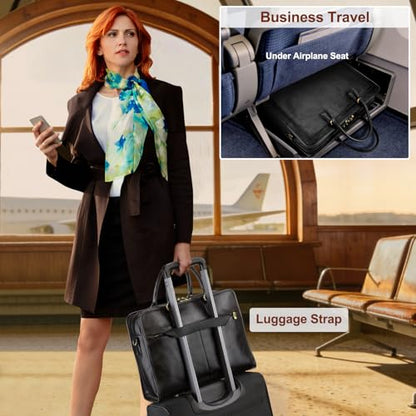 Banuce Italian Full Grain Leather Briefcase for Women Fits 15.6" Laptop | Eco-friendly Leather,Paded Laptop Compartment,Travel-friendly Luggage Strap,Detachable Strap,Office Work,Business Travel - color: Black