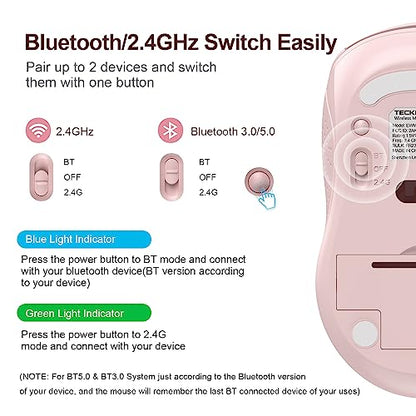 TECKNET 2-in-1 Bluetooth Mouse (BT 5.0/3.0+2.4Ghz), 6-Level 4000 DPI Pink | BT 5.0/3.0 & 2.4G wireless mouse with 4000 DPI, silent clicks, ergonomic design, and USB receiver for laptop and PC. - color: Pink