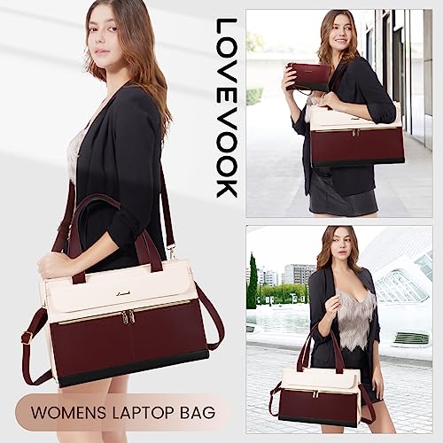 LOVEVOOK Laptop Tote - 15.6 Inch Professional Leather Computer Briefcase - Waterproof Shoulder Bag - Large Capacity Business Teacher Office Bag - Crossbody Purse - color: 168# Dark Red/Off-white, size: 15.6 Inch