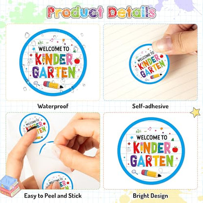 Haooryx Back to School Stickers - 500Pcs Welcome to Kindergarten Water Bottle Laptop Sticker Rolls Self Adhesive Preschool Student Teacher Supplies Page Activity Pad Goodie Bag Greeting Card Making - style: Welcome to Kindergarten