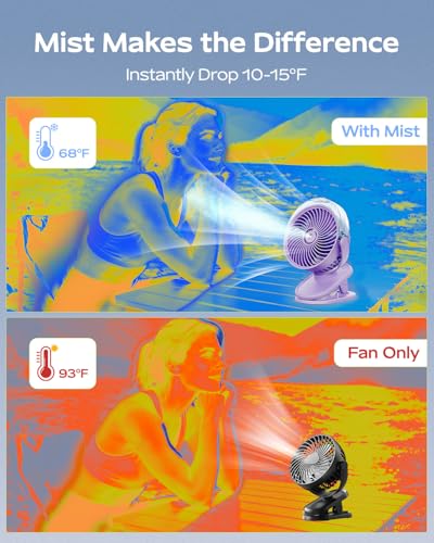 SWEETFULL Portable Misting Clip On Fan, USB-C Rechargeable Mini Personal Cooling Fan with 4 Speeds, 360° Rotatable, Quiet Cooling for Outdoor, Camping, Golf Cart, Travel, Stroller & Desk (Purple) - color: Light purple