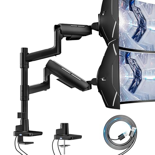 ARES WING Dual Monitor Mount with USB for 17-49 Inch Screen, Black | Ultrawide Heavy Duty Computer Monitor Arm Desk Mount for Curved Screen, Gas Spring Adjustable Vesa Stand - color: Black, style: With USB